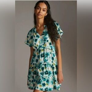 By Anthropologie Medium Green Robin Floral Tiered Mini Dress
